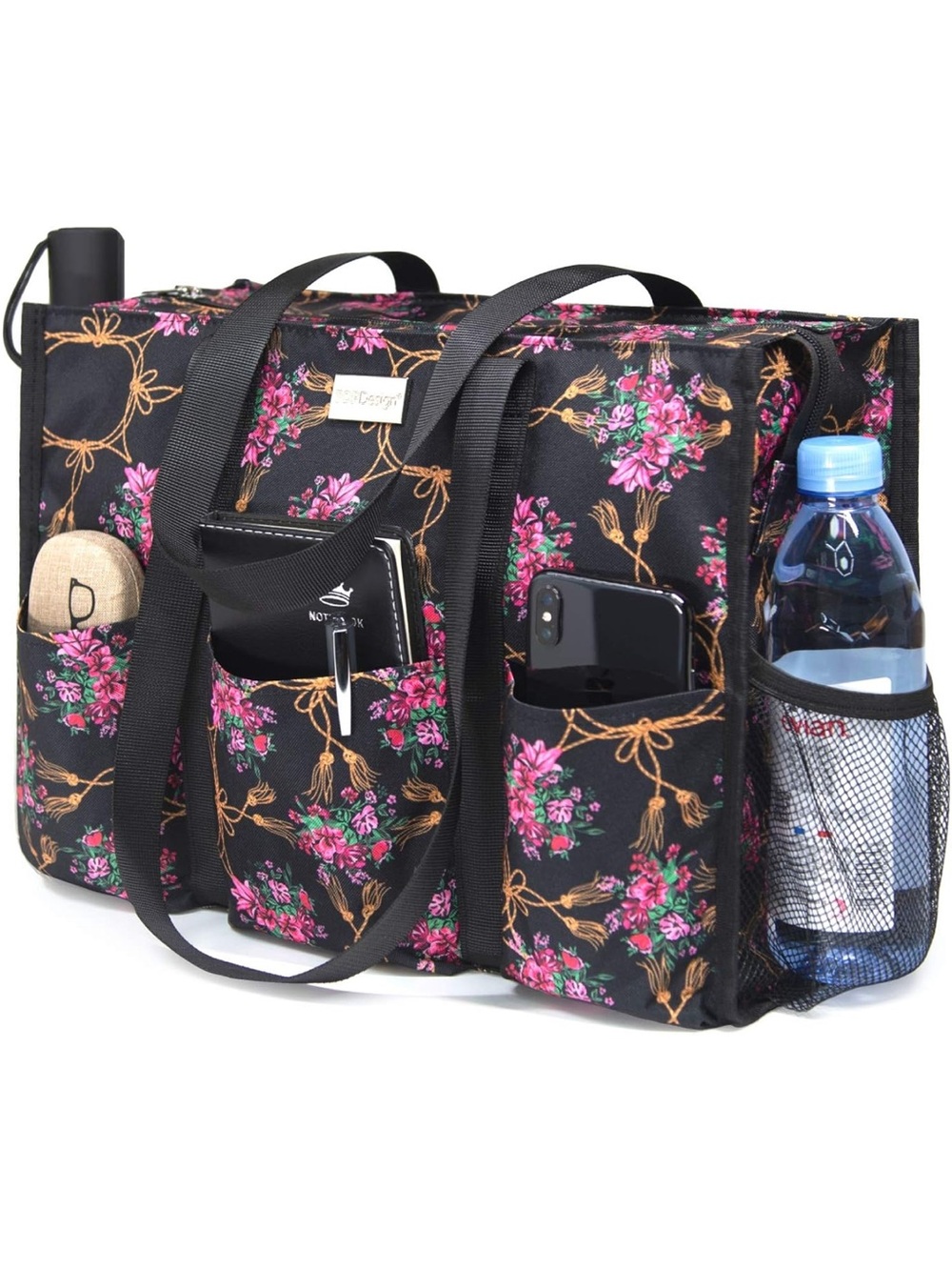 Floral Organizer Tote Bag  NEW Black‎ Pink